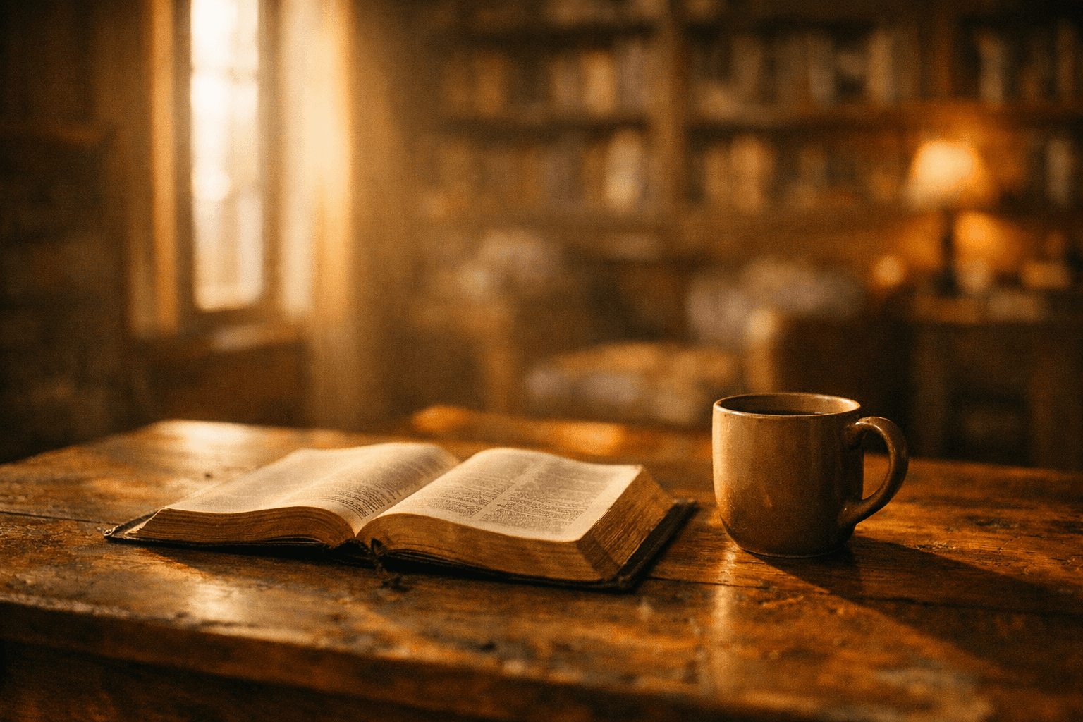 Warm study space with an open Bible and soft morning light
