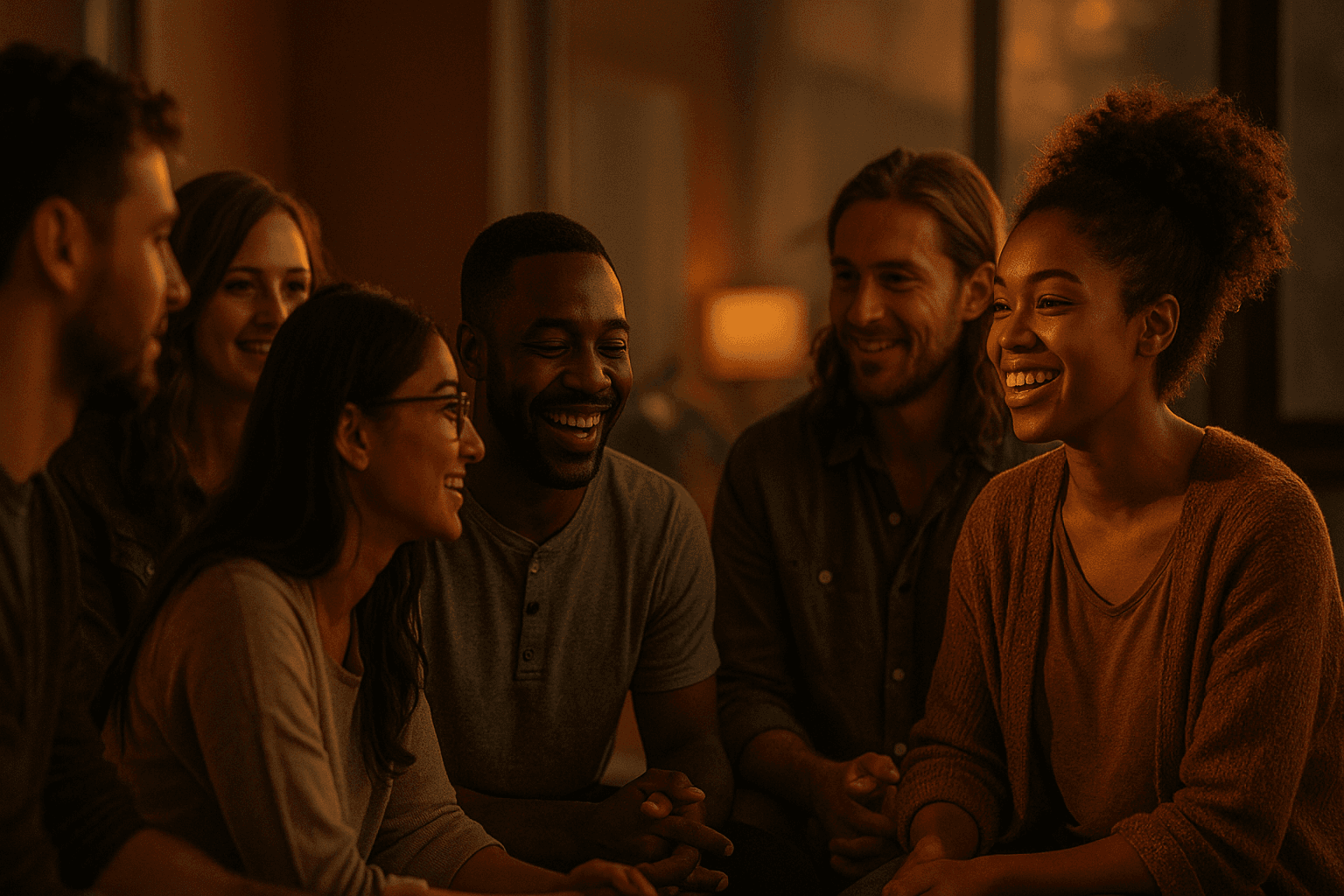 Young adults gathered in warm conversation